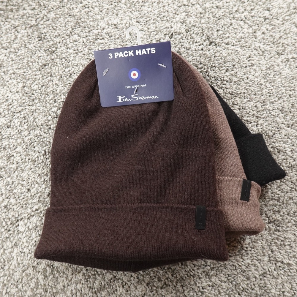 NEW Ben Sherman Hat Beanie Cap Mens One Size Black Brown Beige Knit 3 Pack Warm